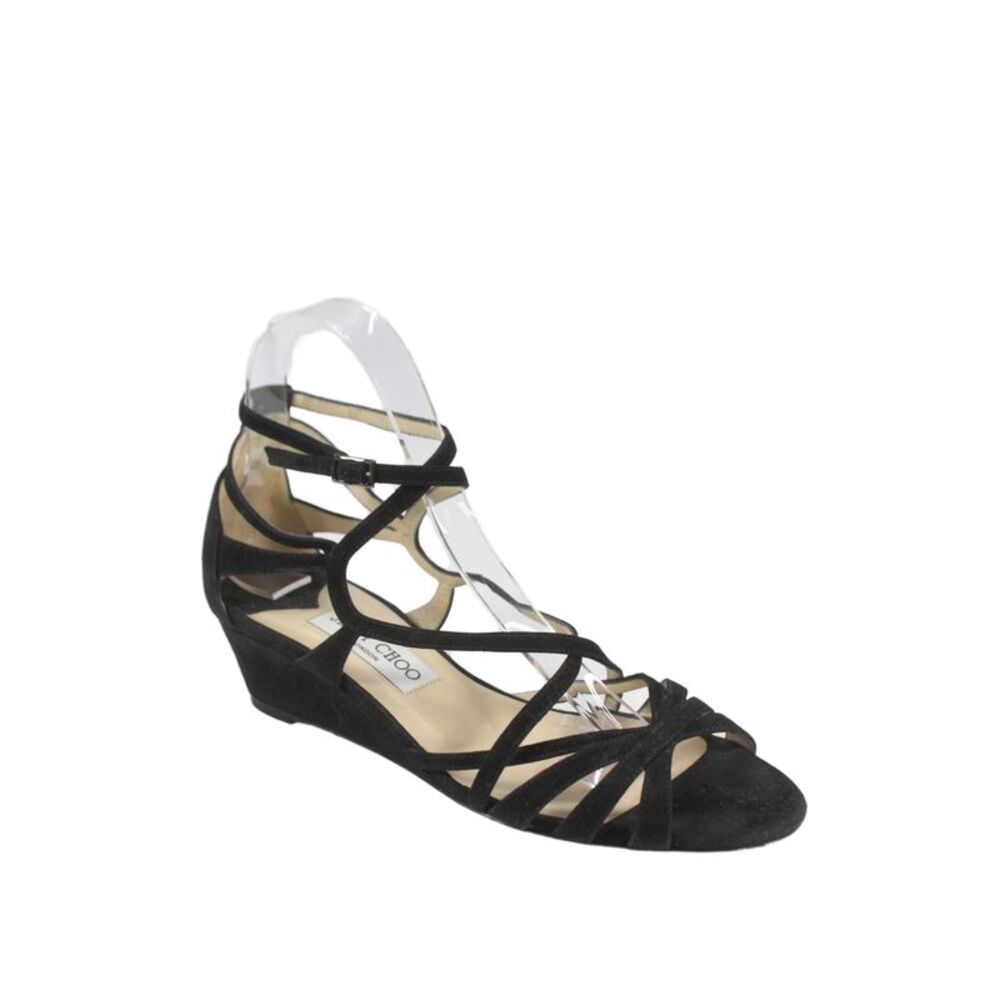 Jimmy Choo Womens Suede Strappy Wedge Heels Black Size 7.5